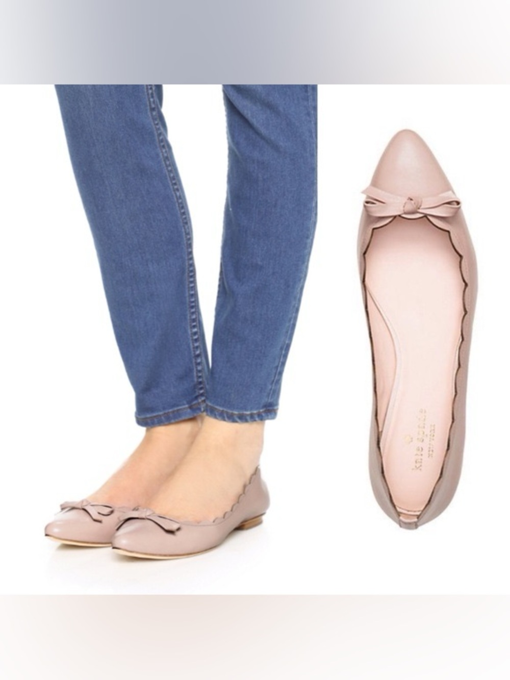 Kate Spade New York Blush Pink Leather Pointed Toe Bow Scalloped Flats Size 8.5